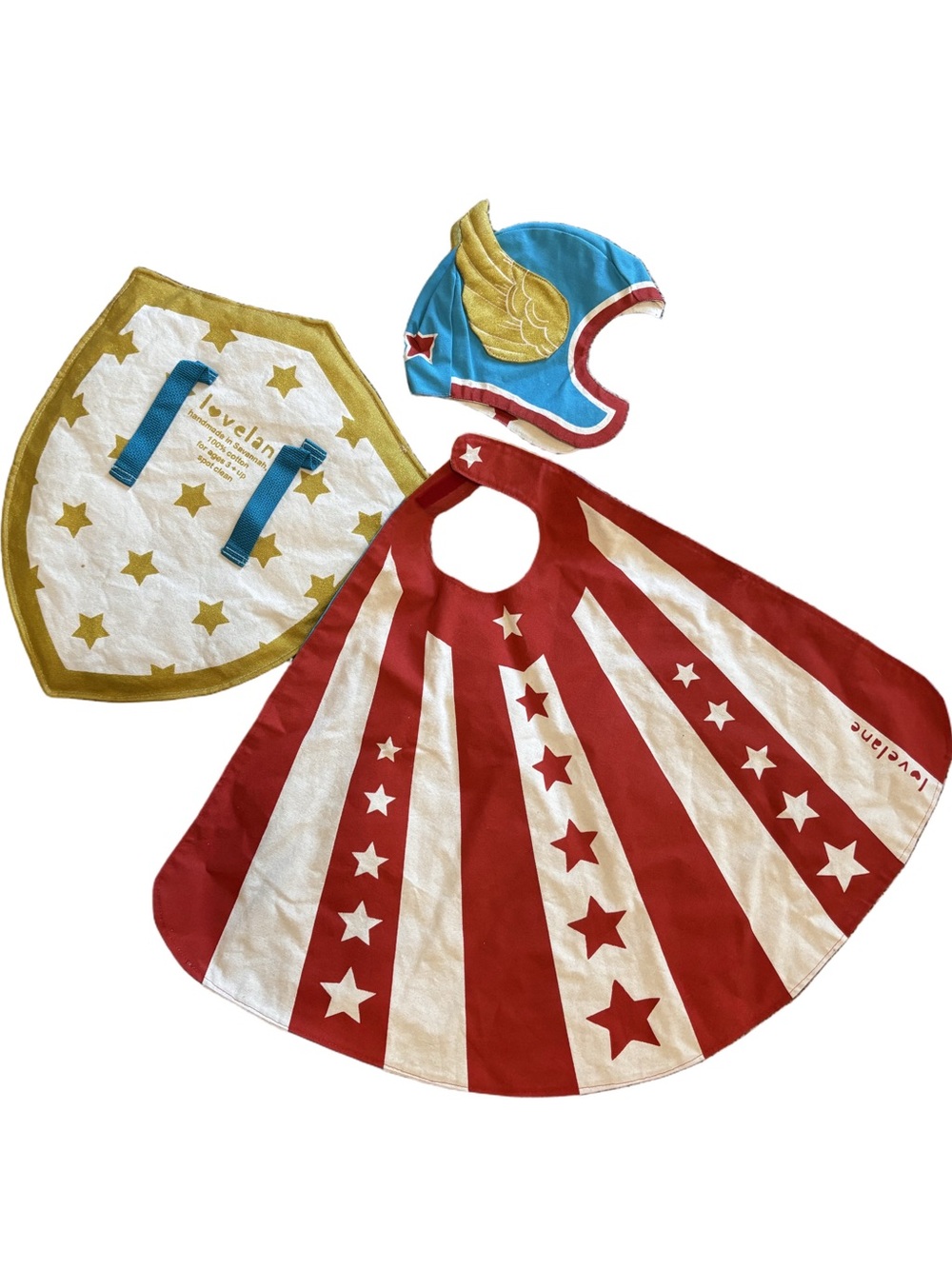 3 piece Whimsy SuperHero Set blue,
Red, white- shield, cape, helmet- reverses - Picture 3 of 6